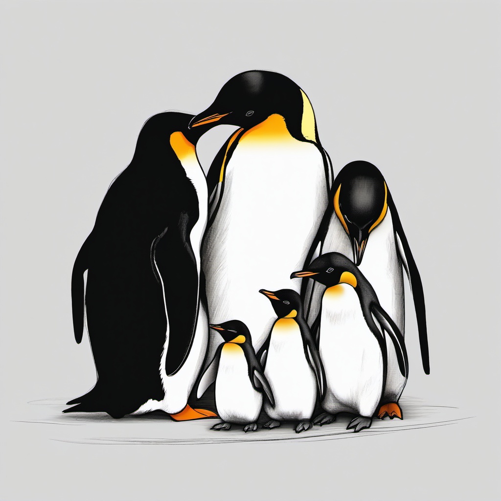 drawing of a penguin family huddling  minimal rough sketch scribbles,doodles,black and white