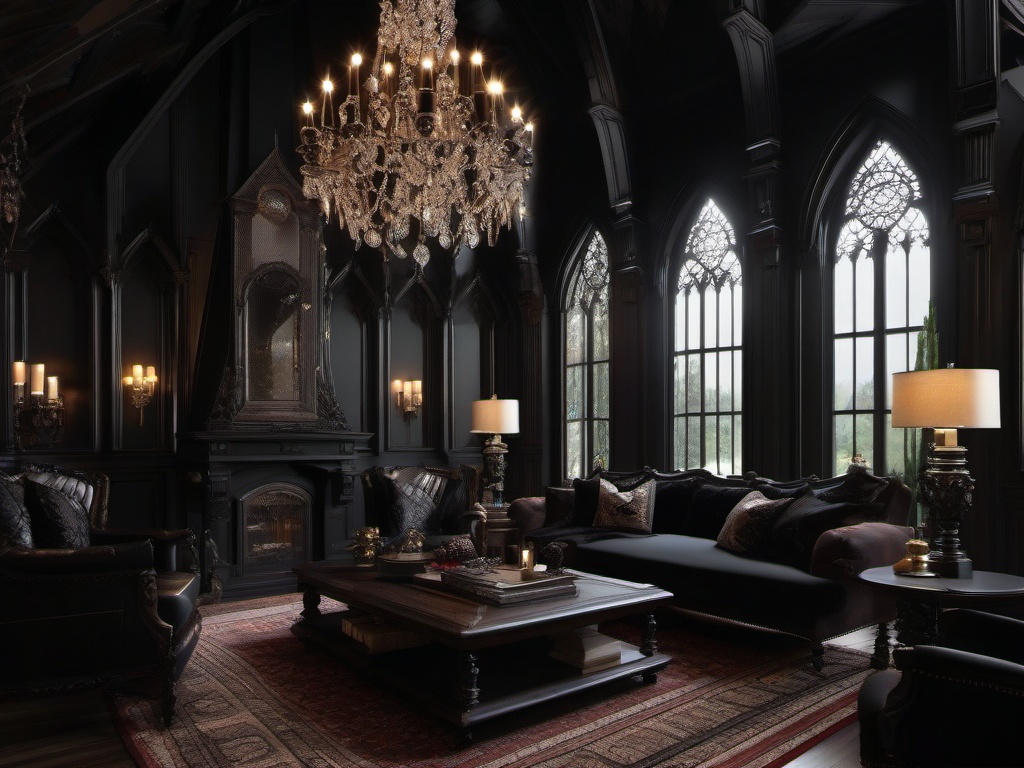 Gothic interior design in the living room features high vaulted ceilings, dark wood furnishings, and ornate chandeliers that create a dramatic and moody atmosphere.  