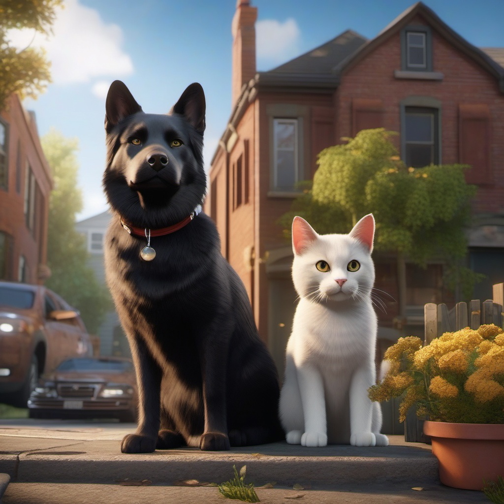 Talking cat and dog team up to solve mysteries in their neighborhood. stunning detail,ultra realistic