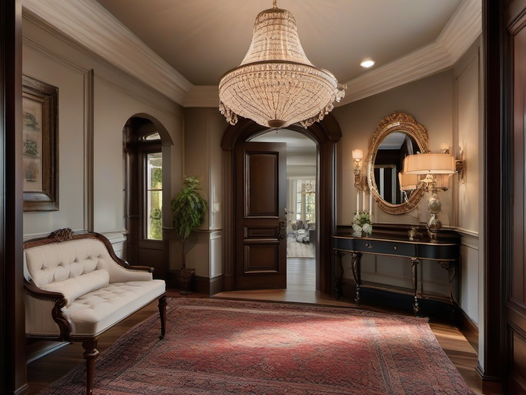 Victorian entryway embodies classic elegance with ornate details, plush seating, and vintage decor, providing a sophisticated entry retreat.  