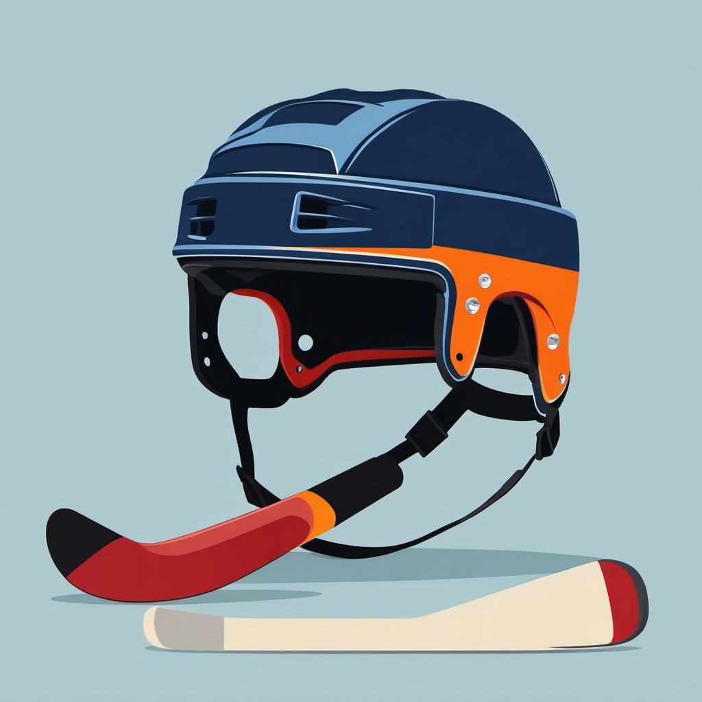 Hockey Helmet and Stick Clipart - A hockey helmet and stick on the ice.  color vector clipart, minimal style