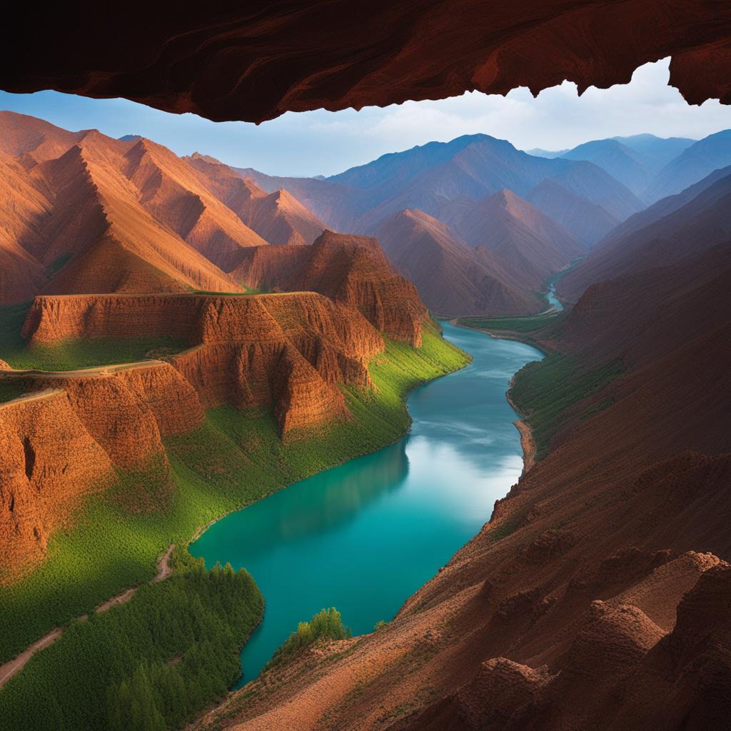 tianshan grand canyon - imagine the tranquil night in tianshan grand canyon, with winding rivers, lush forests, and towering red cliffs illuminated by moonlight. 