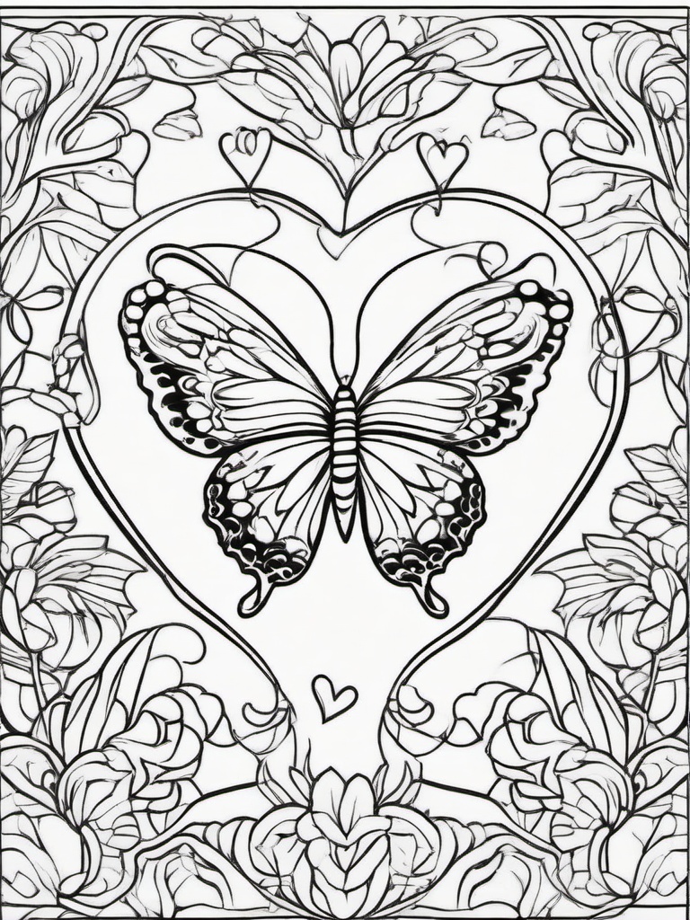 Butterfly with Heart Coloring Pages - Sweet Butterflies Surrounded by Love  minimal black outline printable sheet, coloring page