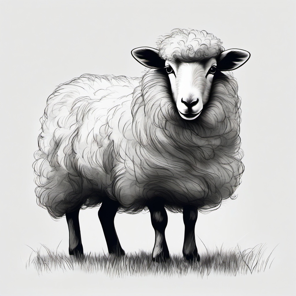 drawing of a fluffy sheep in a field  minimal rough sketch scribbles,doodles,black and white