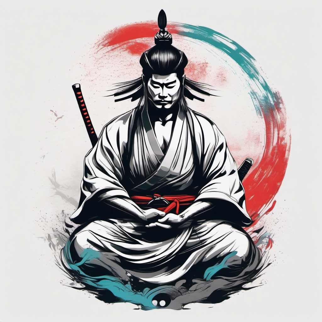 Samurai tattoo transcending earthly battles in meditation.  color tattoo,minimalist,white background