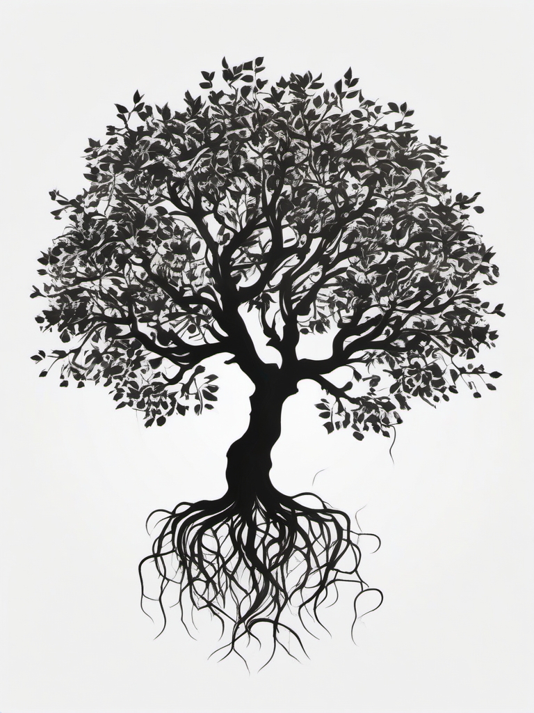 Apple tree silhouette ink. Roots of life.  color tattoo minimalist white background