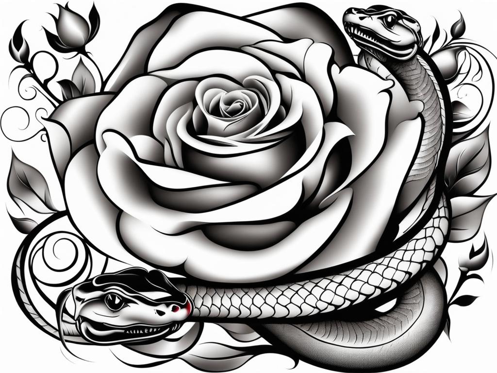 Snake rose tattoo, Tattoos blending snake symbolism with the grace of roses.  color, tattoo patterns, white clean background