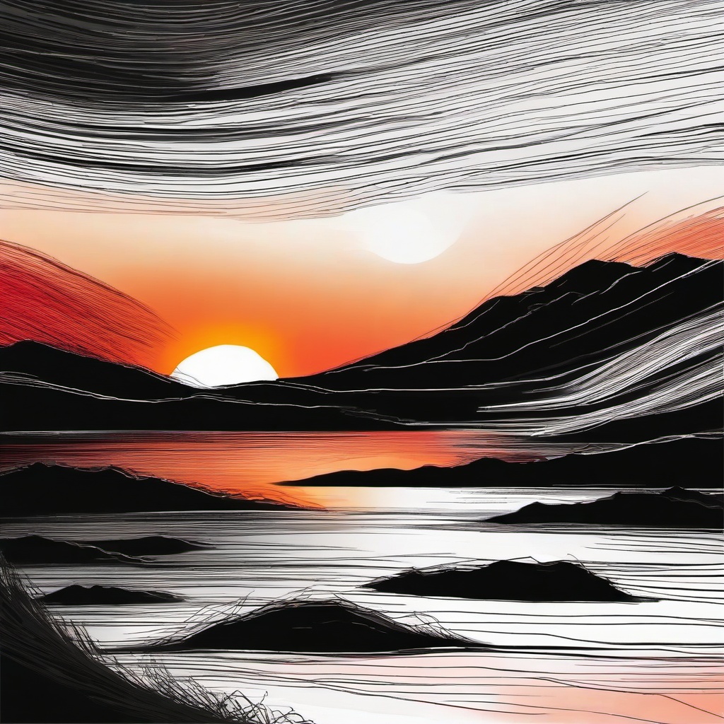 drawing of a sunset with orange and red sky  minimal rough sketch scribbles,doodles,black and white