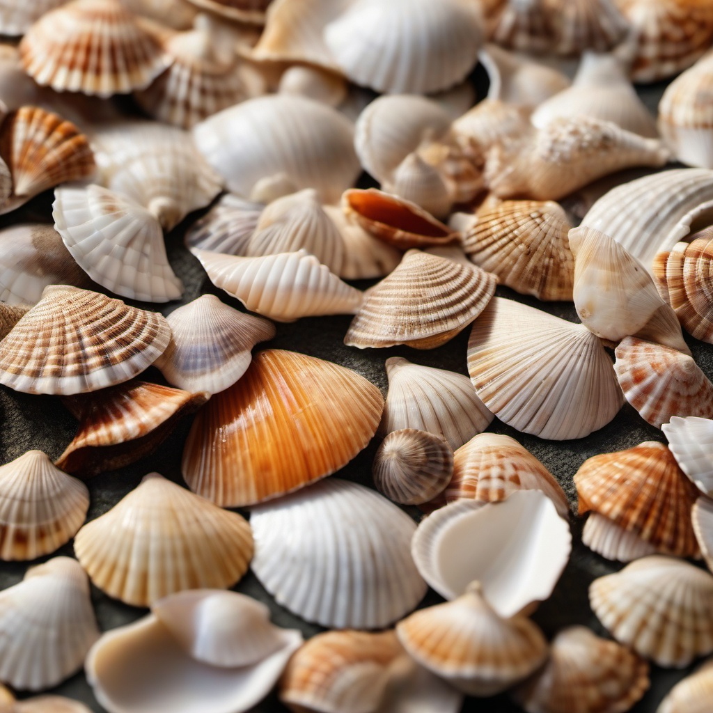 Seashell mosaics and art close shot perspective view, photo realistic background, hyper detail, high resolution