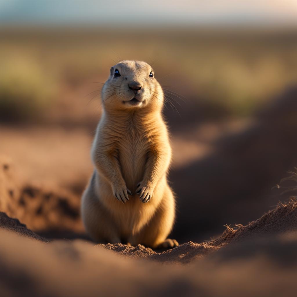 prairie dog pup standing guard near its underground burrow 8k ultrarealistic cinematic 