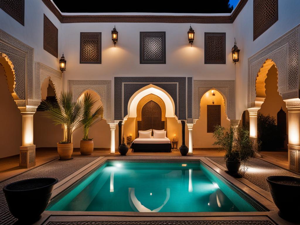 moroccan riads, with intricately designed courtyards, hide within the medinas of marrakech, morocco. 