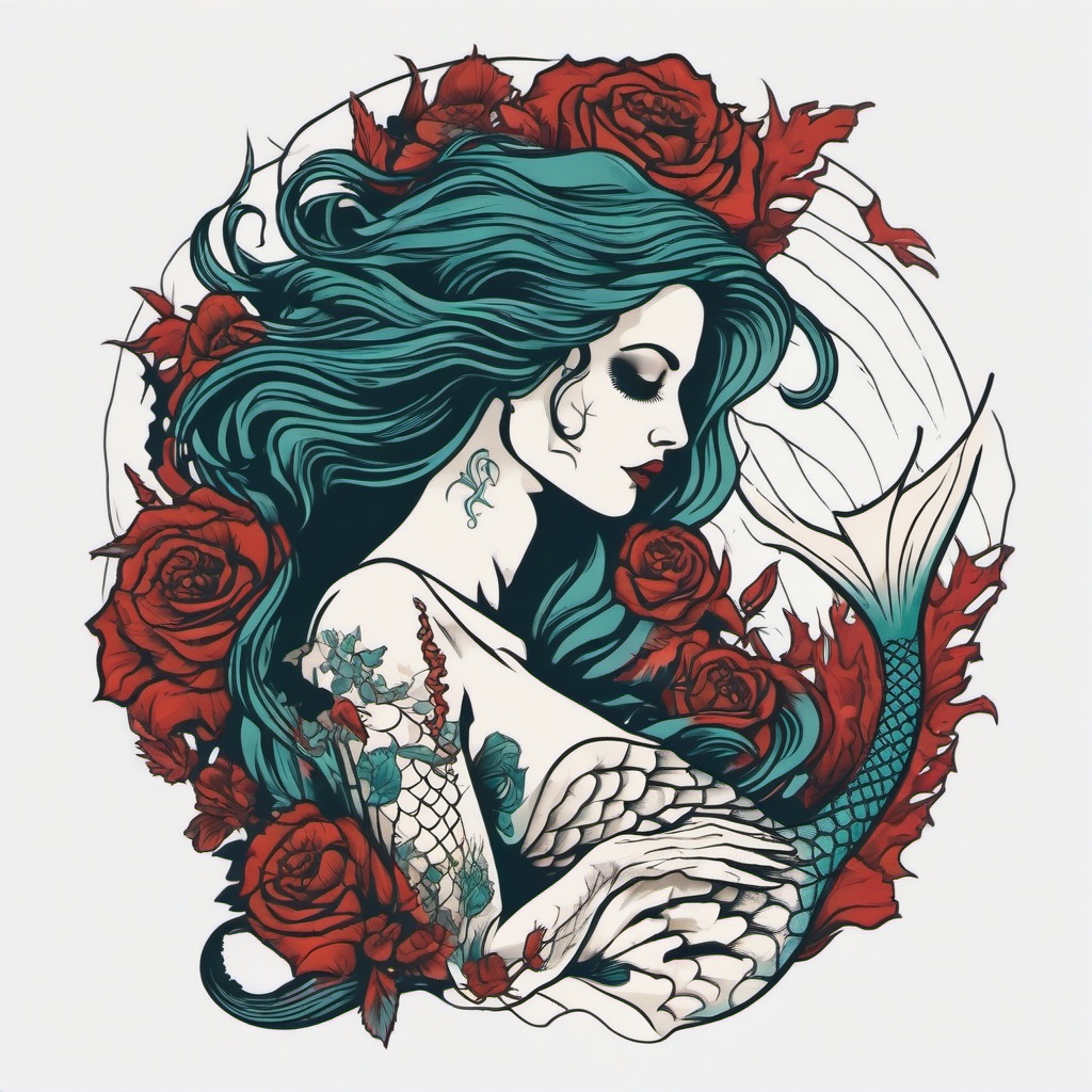 Dead Mermaid Tattoo - Explore darker themes with a tattoo featuring a deceased or zombie-like mermaid.  simple vector color tattoo,minimal,white background