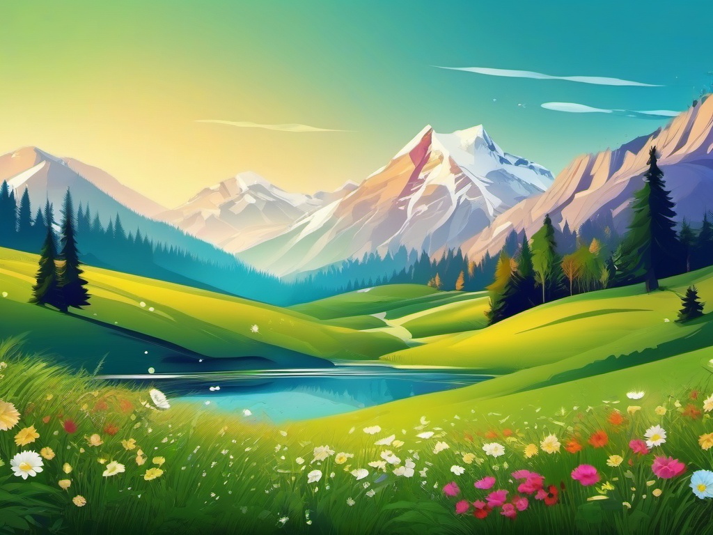 Beautiful Background - Idyllic Alpine Meadow Landscape  intricate patterns, splash art, wallpaper art