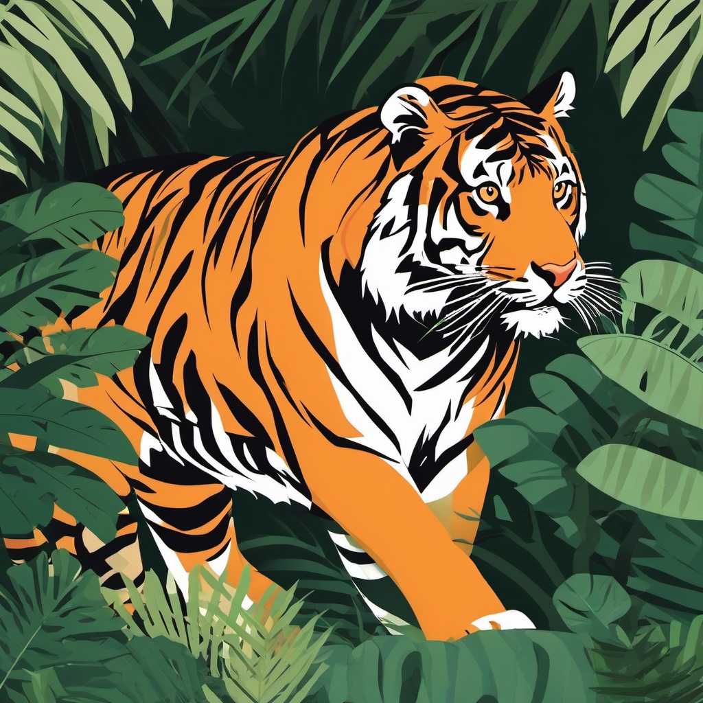 Tiger Clipart - Tiger prowling in the dense jungle , minimal, 2d