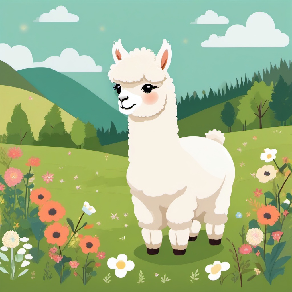 Cute Alpaca in a Scenic Meadow  clipart, simple