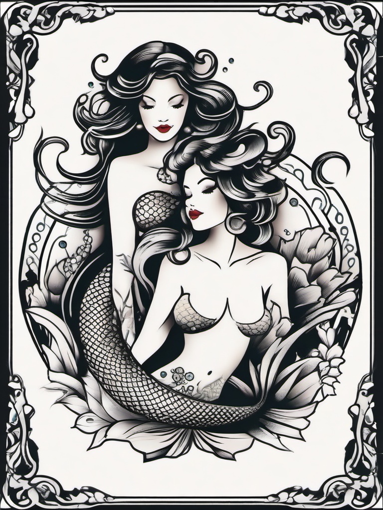 Traditional Mermaid Tattoo Flash - Explore traditional tattoo flash featuring classic and timeless mermaid designs.  simple vector color tattoo,minimal,white background