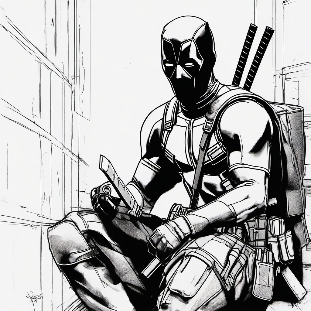 drawing of Deadpool breaking the fourth wall  minimal rough sketch scribbles,doodles,black and white