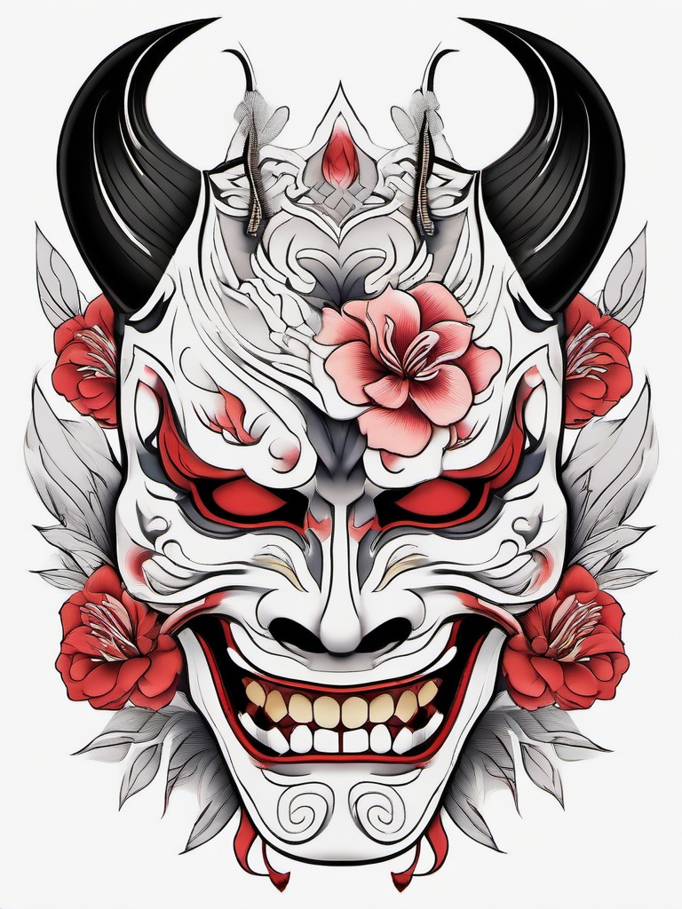 hannya mask with flowers  simple color tattoo,white background,minimal