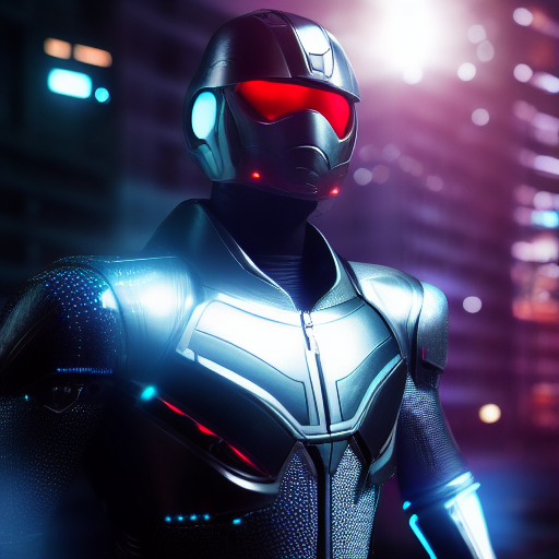 full body cyborg in a shiny silver suit with intricate pattern, D&D sci-fi, concept art, highly detailed illustration., 4k unreal engine, dark city neon background