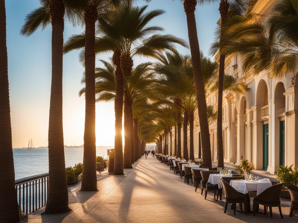 stroll along the promenade of a seaside resort, with palm trees and waterfront cafes. 