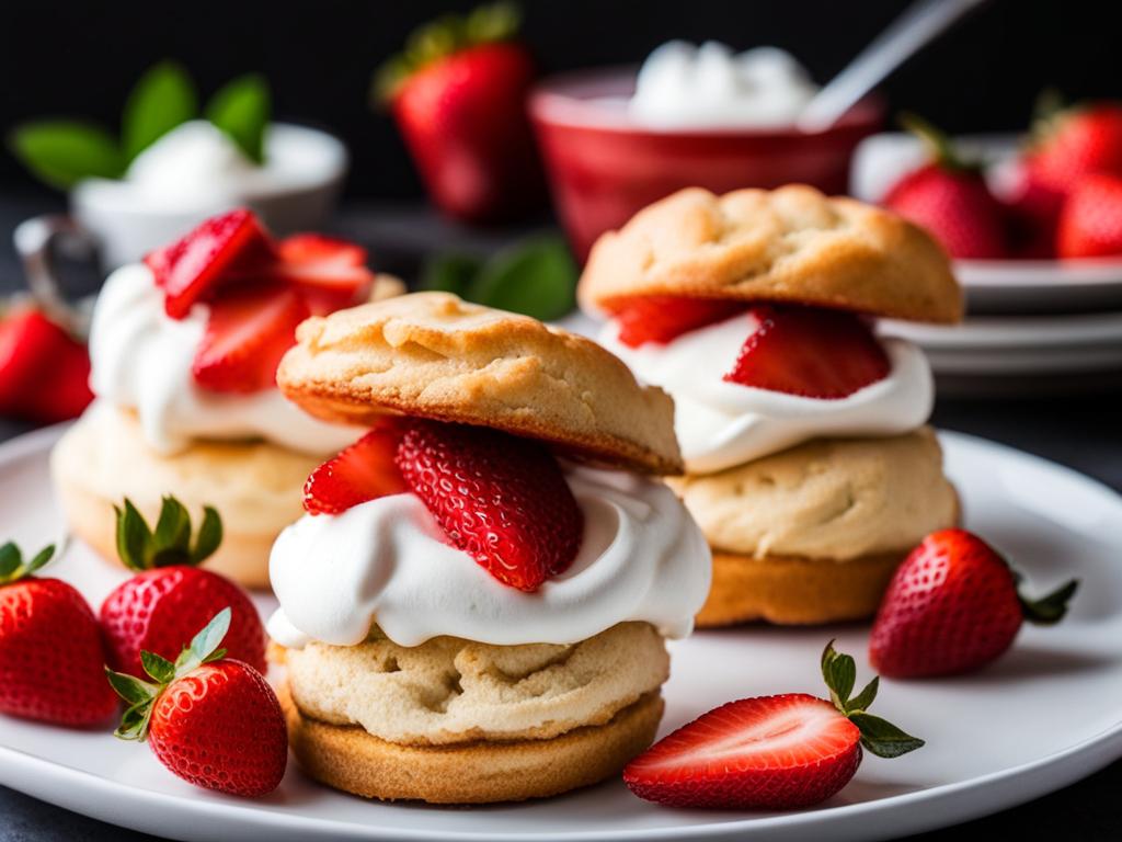 a platter of mini strawberry shortcakes, each with a fluffy biscuit, whipped cream, and fresh strawberries. 