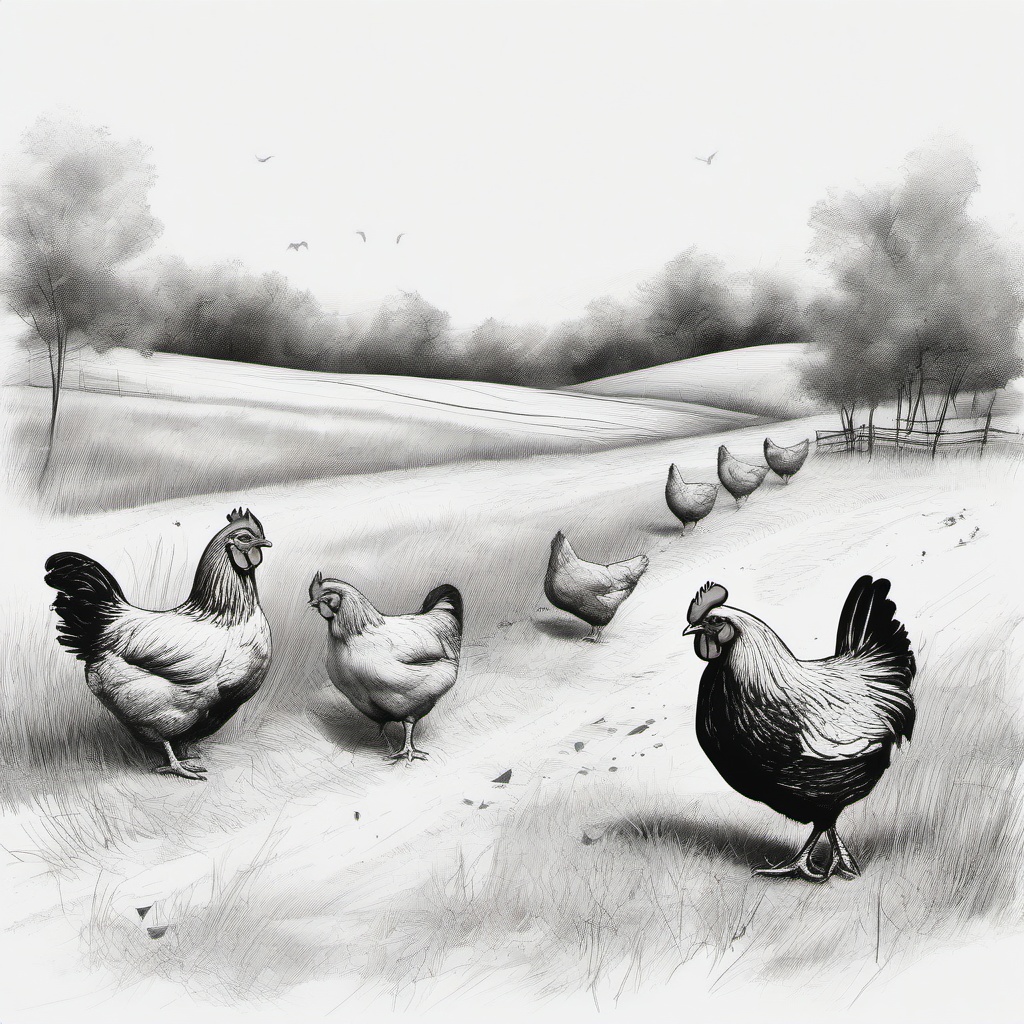 drawing of chickens pecking at the ground  minimal rough sketch scribbles,doodles,black and white