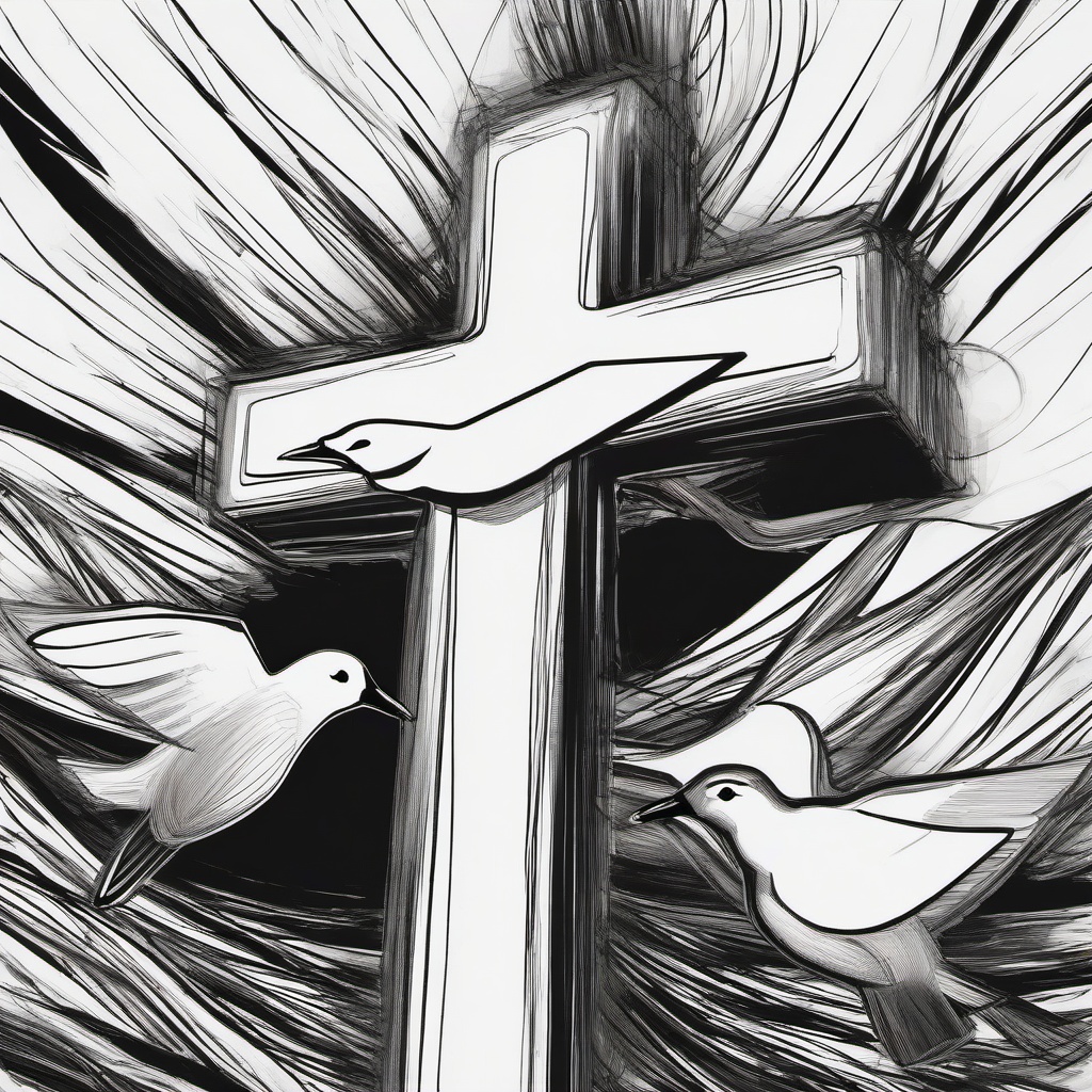 drawing of a cross with a dove  minimal rough sketch scribbles,doodles,black and white