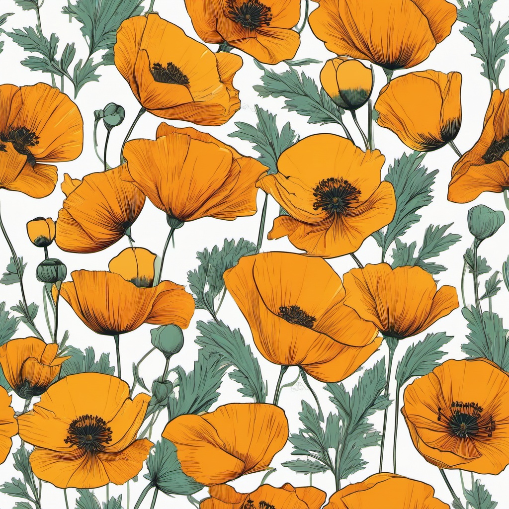 Golden Poppy Clip Art - California's golden poppies in full bloom,  color vector clipart, minimal style