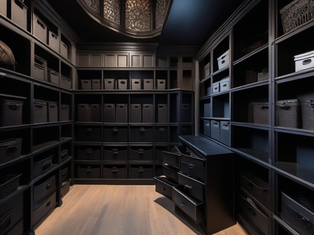 The storage room showcases Gothic interior design with organized bins, intricate details, and a moody aesthetic that maximizes efficiency while maintaining a dramatic flair.  