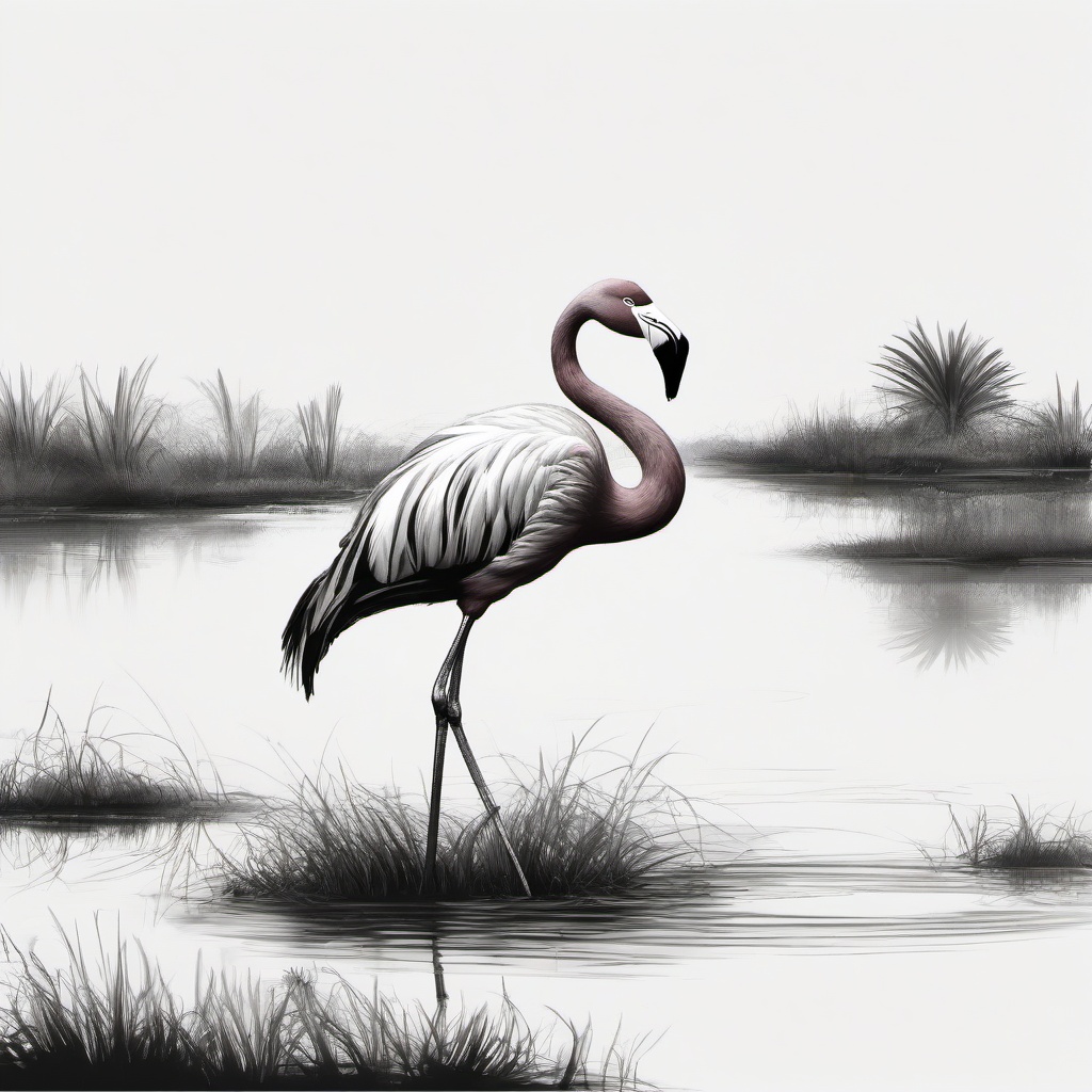 drawing of a flamingo standing in a pond  minimal rough sketch scribbles,doodles,black and white