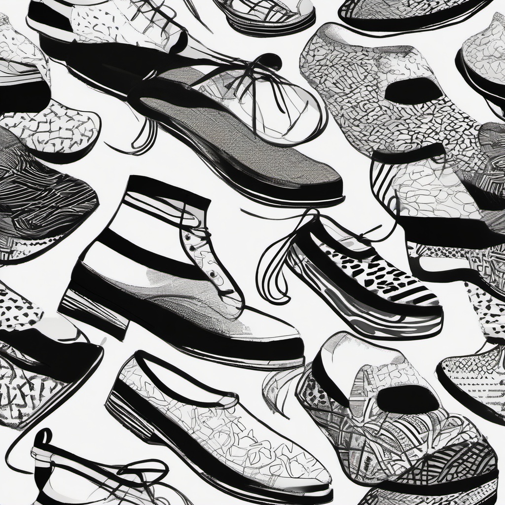 drawing of shoes with patterns  minimal rough sketch scribbles,doodles,black and white