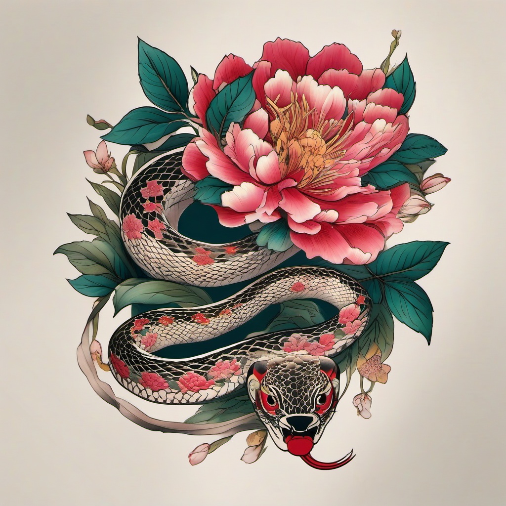 japanese snake and peony tattoo  simple color tattoo,white background,minimal