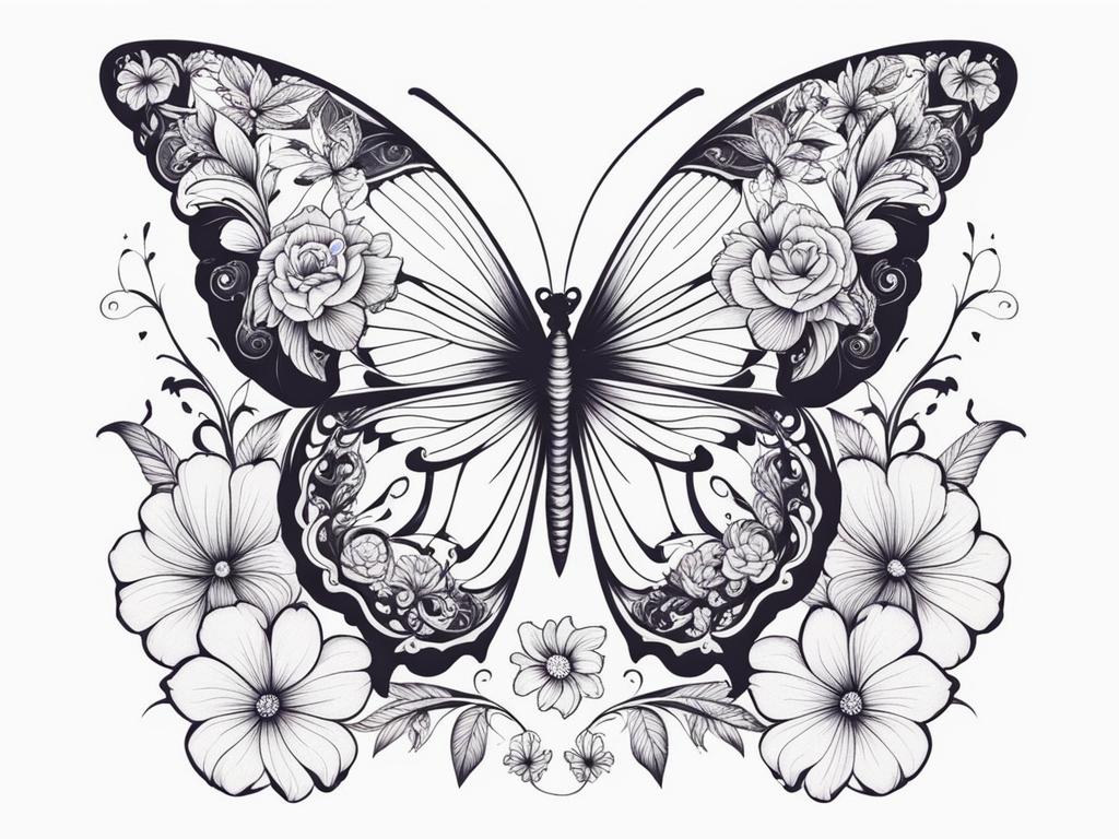 Butterfly and floral tattoo,Incorporating flowers into butterfly-themed tattoos. tattoo design, white background