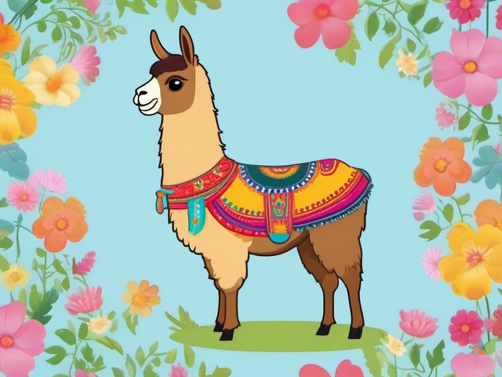 Llama Cartoon - Cartoon of llama with a colorful saddle  