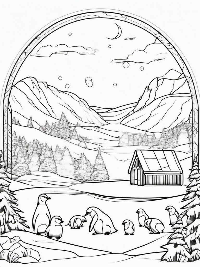 Winter Igloo and Penguins Coloring Pages - Fun Arctic Scene with Penguins  minimal black outline printable sheet, coloring page