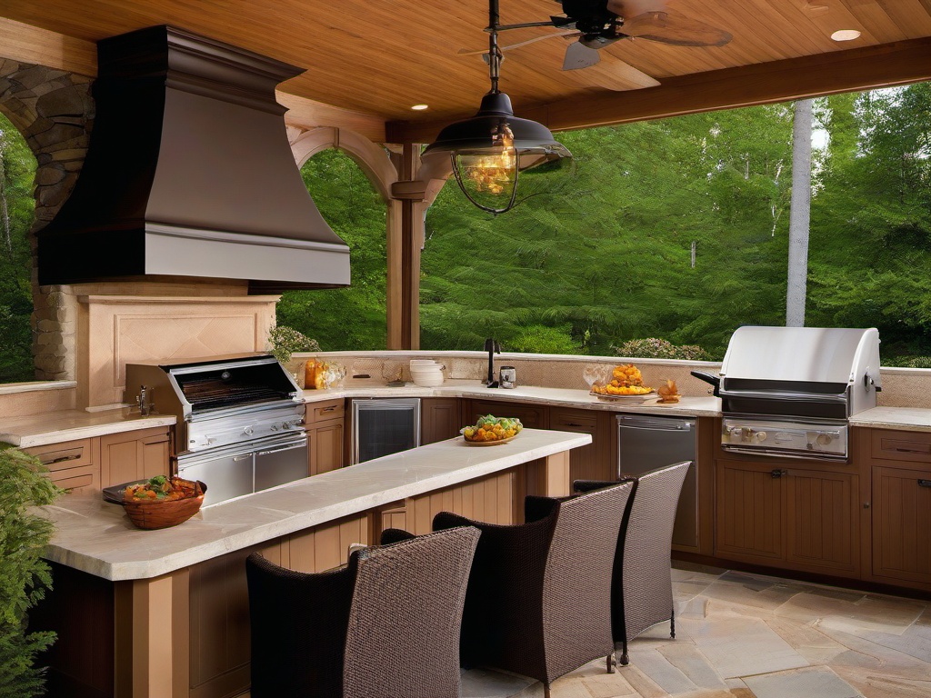 In the outdoor kitchen, traditional interior design showcases classic appliances, elegant finishes, and comfortable seating that enhance cooking and entertaining experiences in a charming setting.  