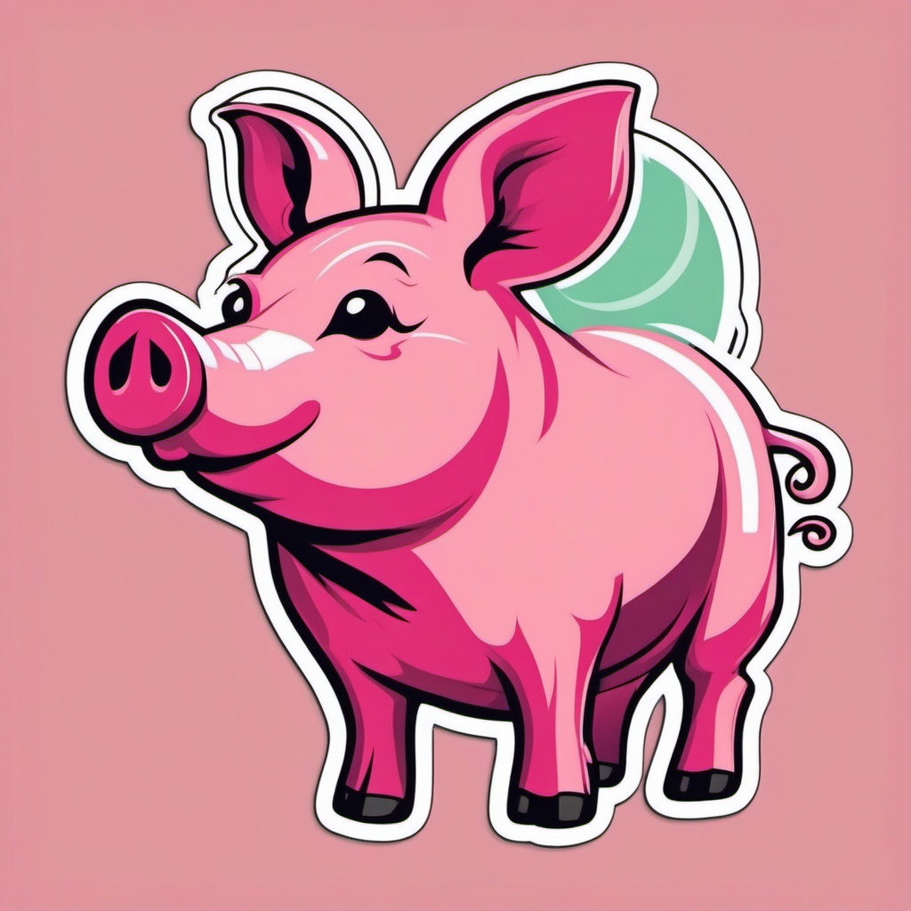 Pig Sticker - A pink pig with a curly tail, ,vector color sticker art,minimal