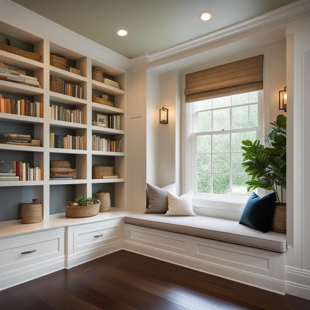 cozy reading nook with built-in bookshelves and a window seat. 