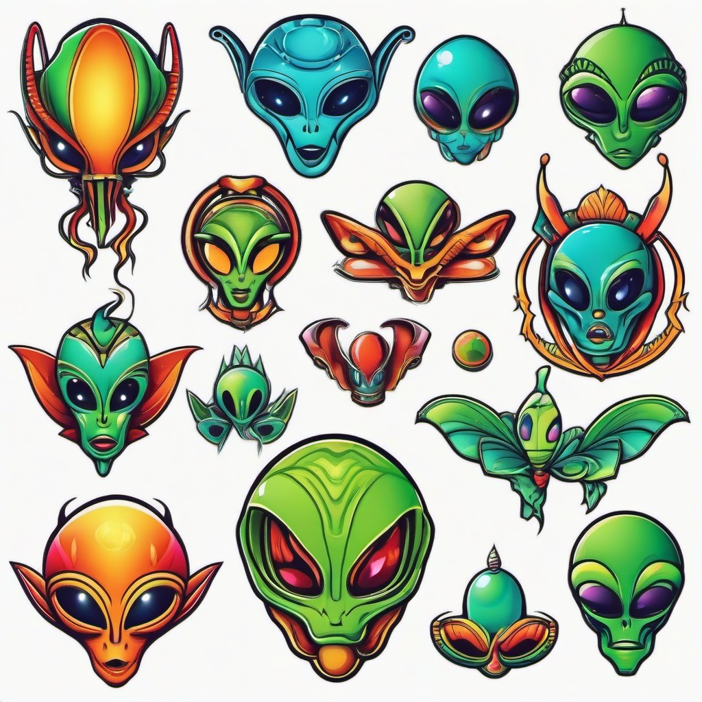 Cartoon Alien Tattoo Designs - Explore creative and fun cartoon-inspired alien tattoo designs.  simple color tattoo,vector style,white background