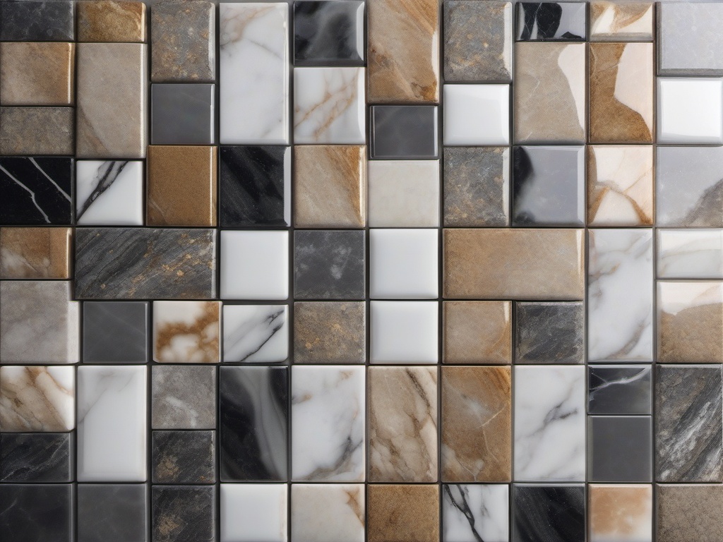 Marble and porcelain and granite and travertine and granite mosaic tile pattern top view, product photoshoot realistic background, hyper detail, high resolution