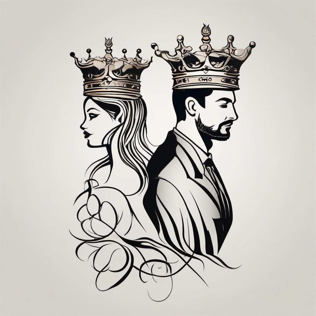 His and Her King and Queen Tattoos - Symbolize your unique connection.  minimalist color tattoo, vector