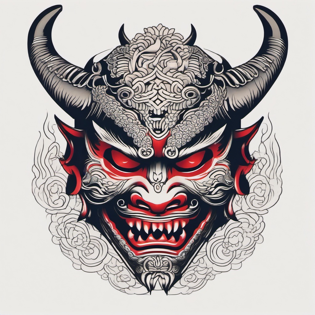 Demon Mask Japanese Tattoo - Features a demon mask in the traditional Japanese tattoo style.  simple color tattoo,white background,minimal