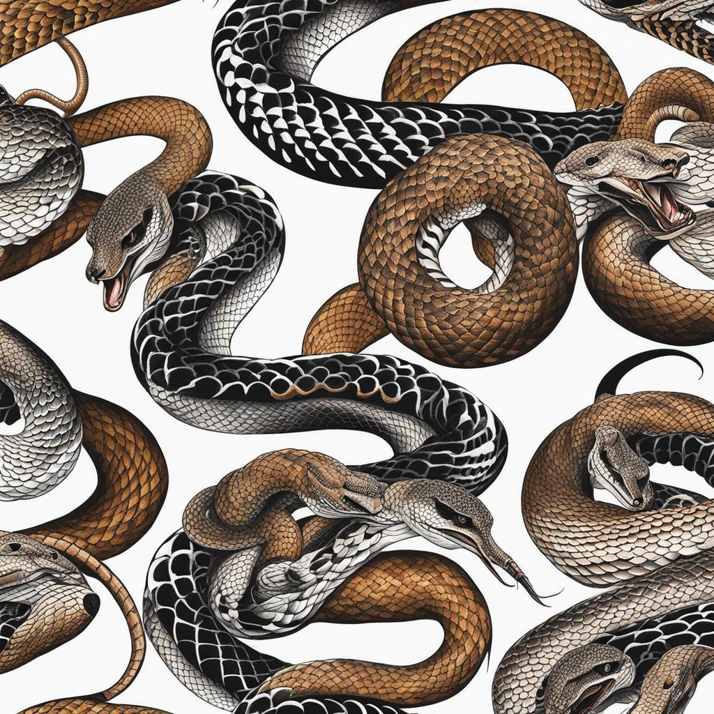 Rattlesnake tattoo, Tattoos inspired by the iconic and rattling rattlesnake. colors, tattoo patterns, clean white background