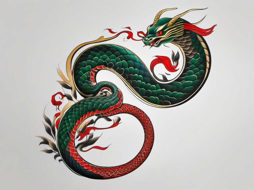 japanese serpent tattoo  simple color tattoo,white background,minimal