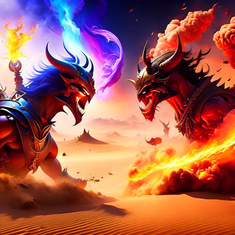 djinn vs ifrit - elemental entities duel in a scorching desert, conjuring flames and sandstorms. 