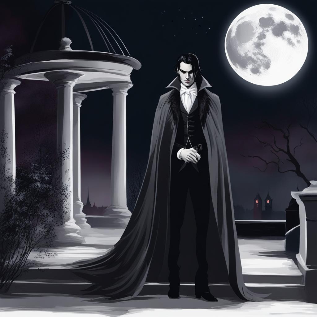 vampire in moonlight - illustrate a vampire character bathed in eerie moonlight, lurking in the shadows of the night. 