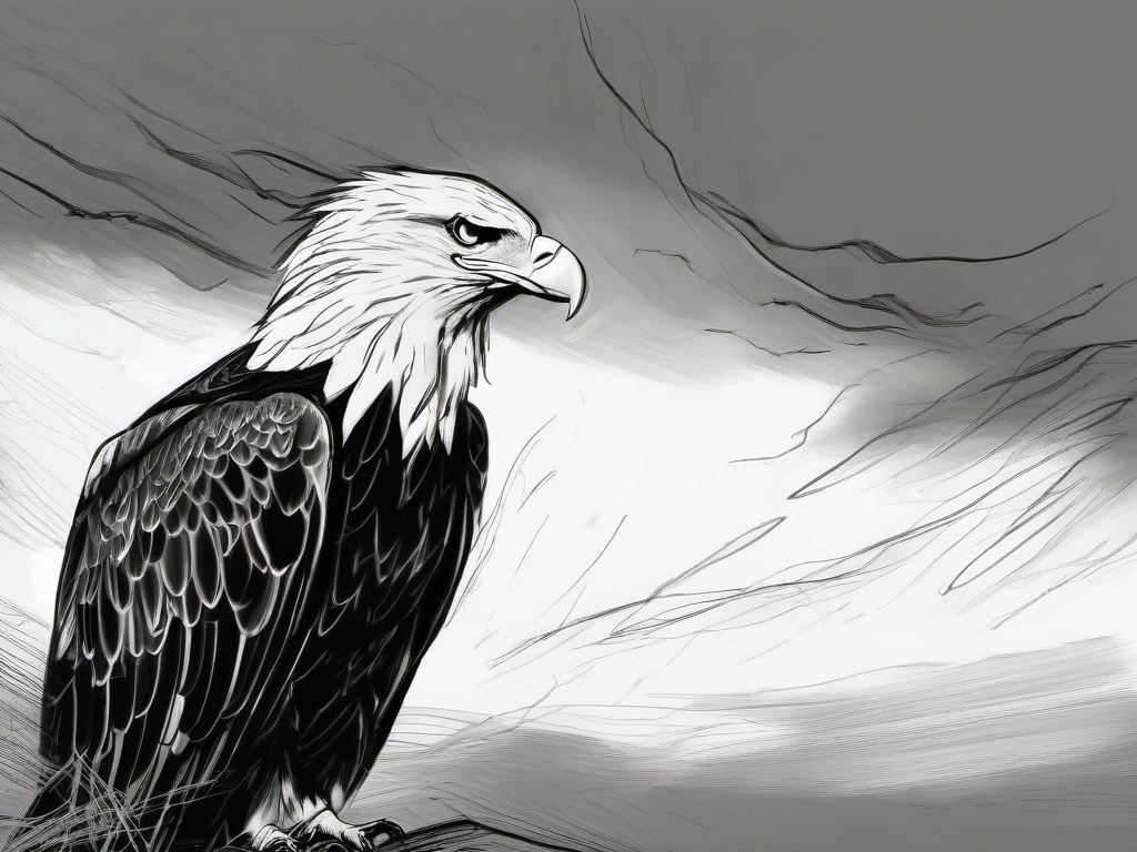 drawing of an eagle in a storm  minimal rough sketch scribbles,doodles,black and white