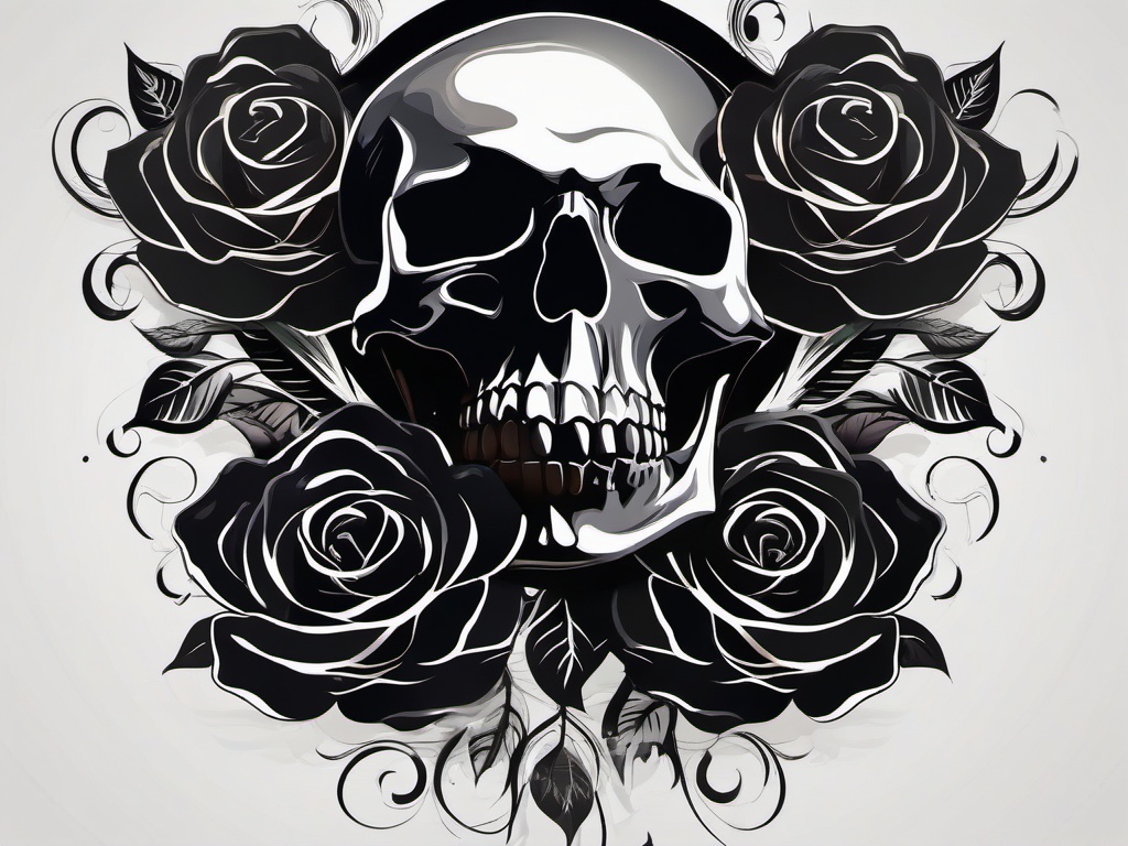 Black Rose with Skull Tattoo-Celebration of dark beauty with a black rose and skull tattoo, symbolizing mystery and the transient nature of life.  simple vector color tattoo