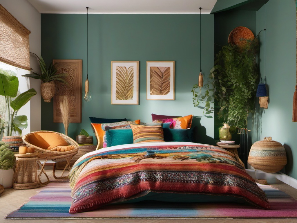 Sustainable Boho Retreat - Embrace boho style with sustainable and eco-friendly decor. , bedroom interior decor design ideas, multicoloured, photo realistic, hyper detail, high resolution,