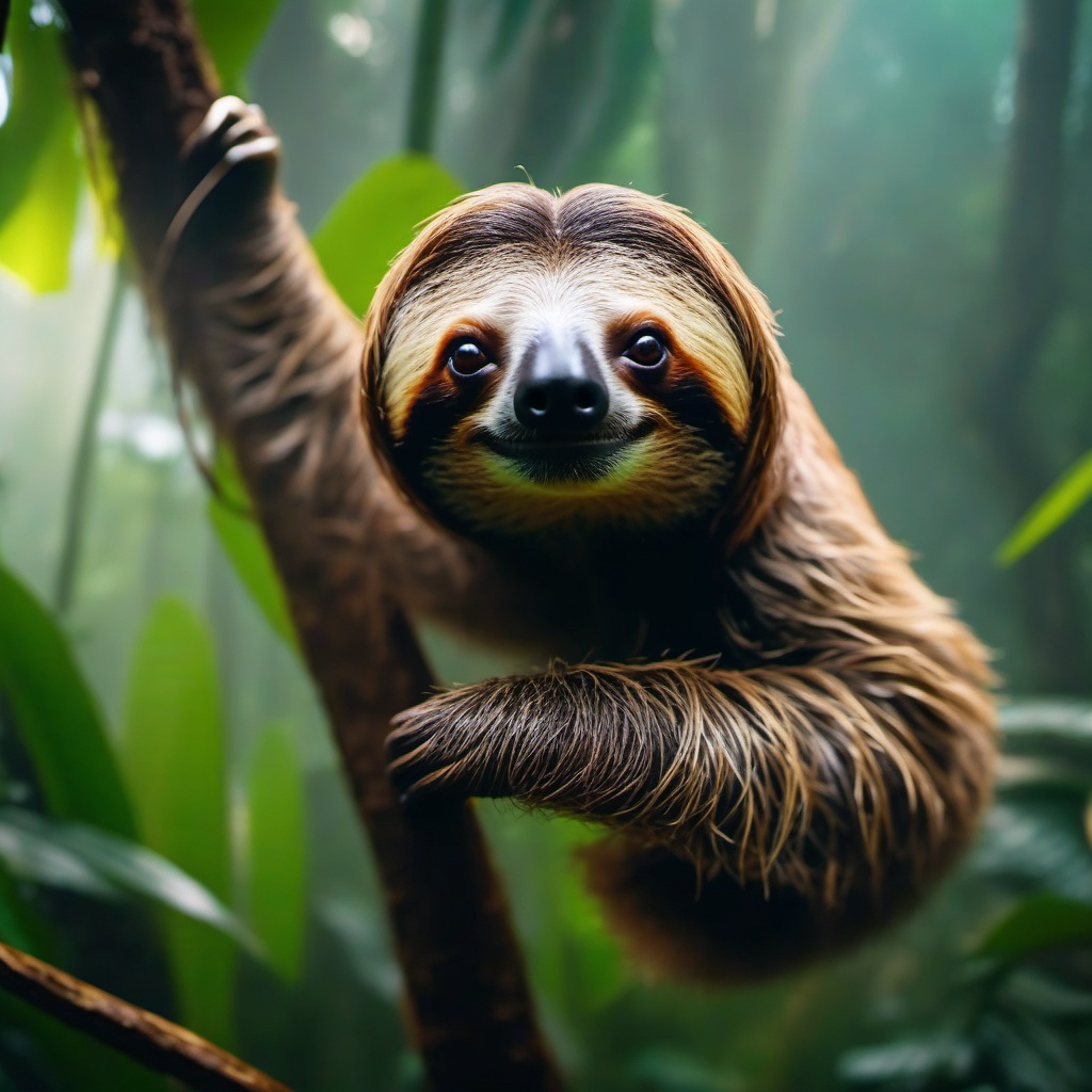 Cute Sloth Hanging in a Misty Rainforest 8k, cinematic, vivid colors